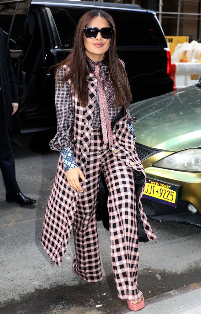 salma hayek in nyc in plaid