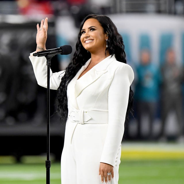 Demi Lovato performs the National Anthem during Super Bowl LIV 