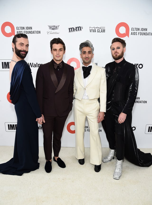 Jonathan Van Ness, Antoni Porowski, Tan France and Bobby Berk at elton john viewing party