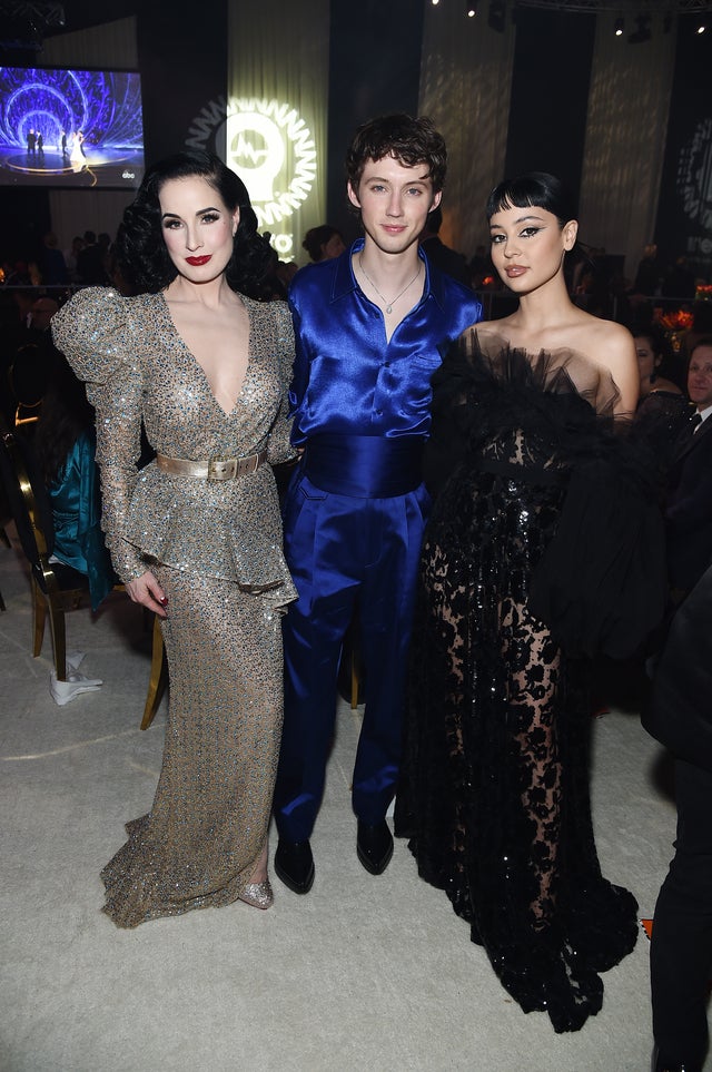 Dita Von Teese, Troye Sivan and Alexa Demie at 2020 elton john viewing party