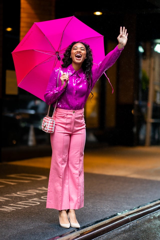 Chandler Kinney is seen wearing Kate Spade in Midtown on February 13