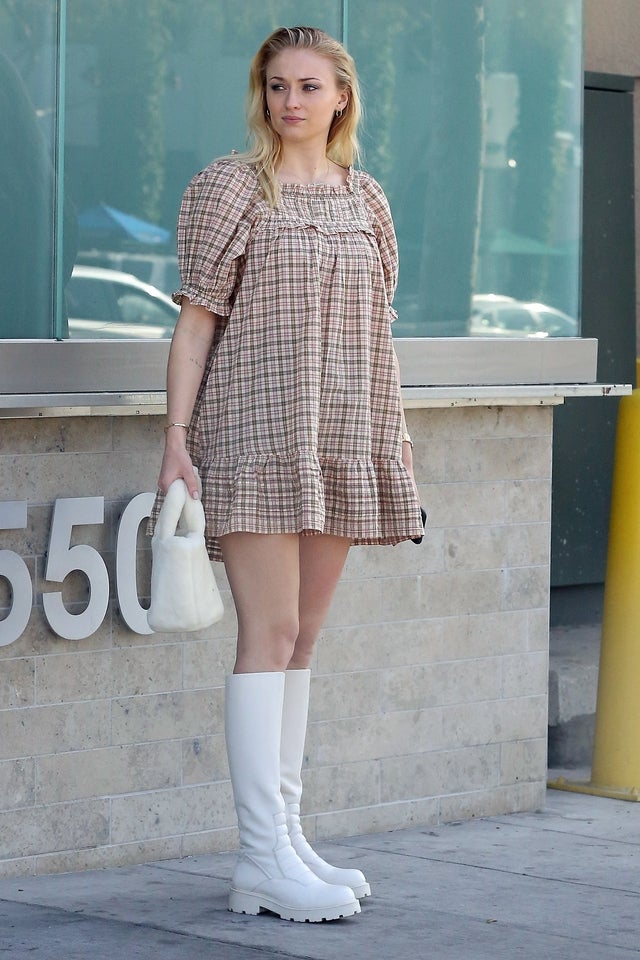 sophie turner in plaid dress on 2/26