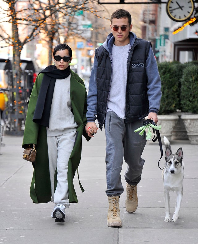 zoe kravitz and husband walk dog in nyc on 2/12