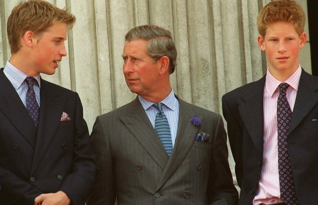 Prince William, Prince Charles, and Prince Harry celebrating the Queen Mother's 100th birthday at Buckingham Palace