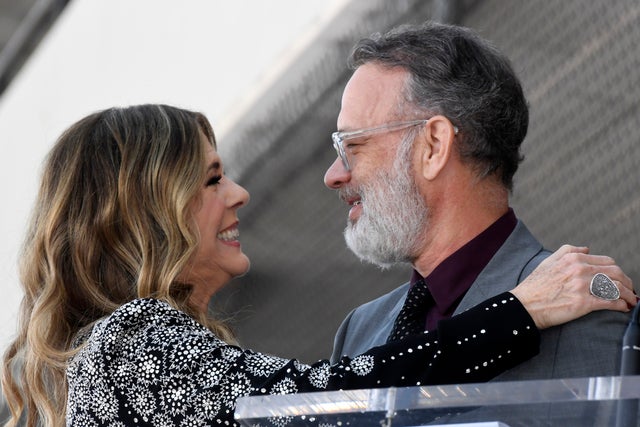 Rita Wilson and Tom Hanks embrace as Wilson is honored with a star on the Hollywood Walk of Fame in 2019