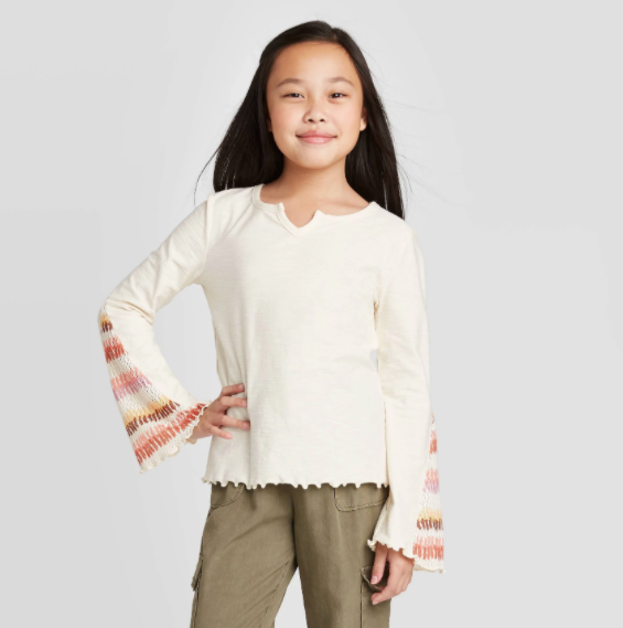 Girls' Long Sleeve T-Shirt with Crochet Sleeves