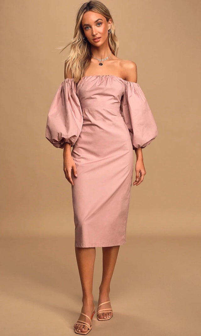 Feel the Love Mauve Off-the-Shoulder Puff Sleeve Midi Dress