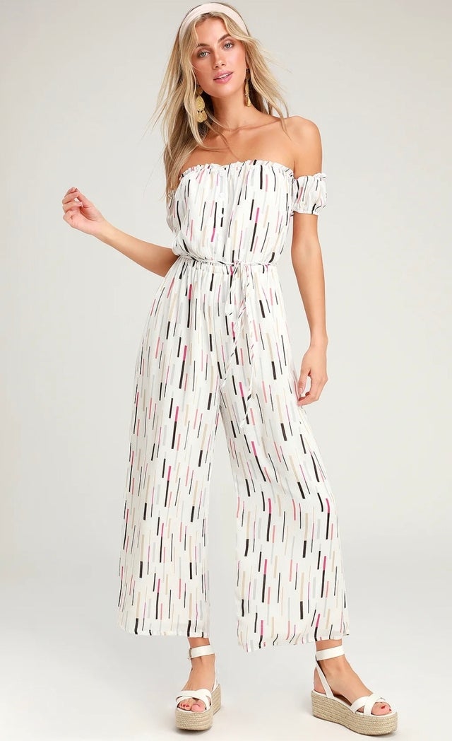 True Radiance White Multi Print Off-the-Shoulder Jumpsuit