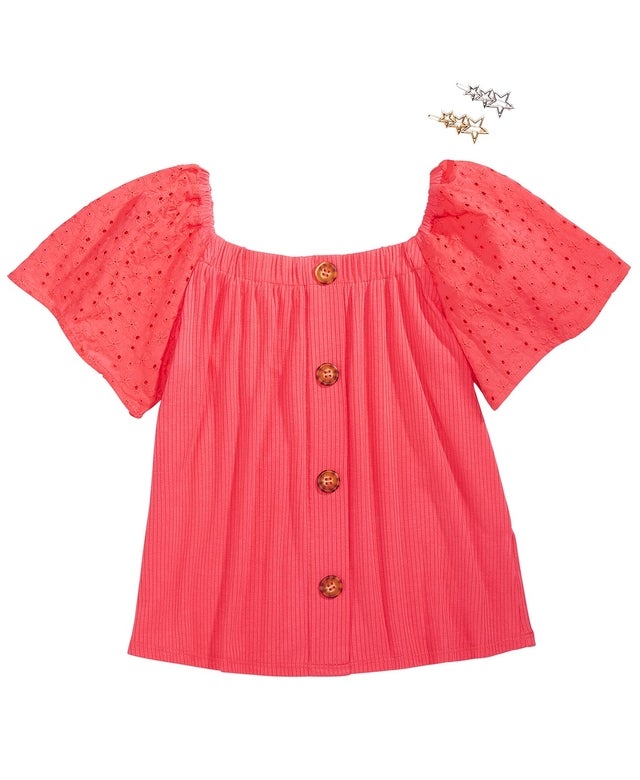 Big Girls Eyelet-Sleeve Top & Star Barrettes Set