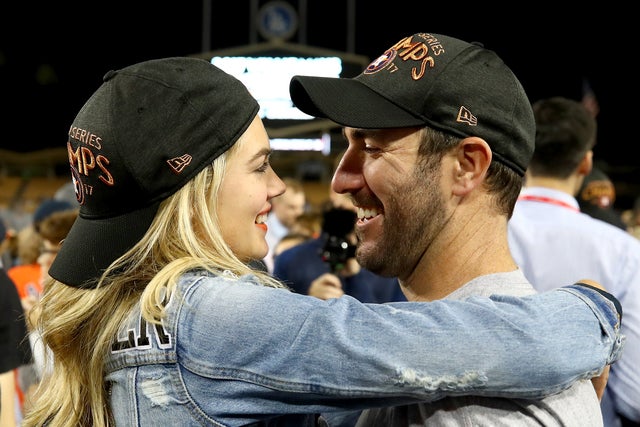 Justin Verlander of the Houston Astros and fiancee Kate Upton after 2017 world series