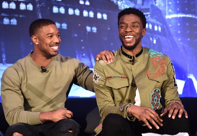 Michael B. Jordan and Chadwick Boseman at black panther conference in 2018