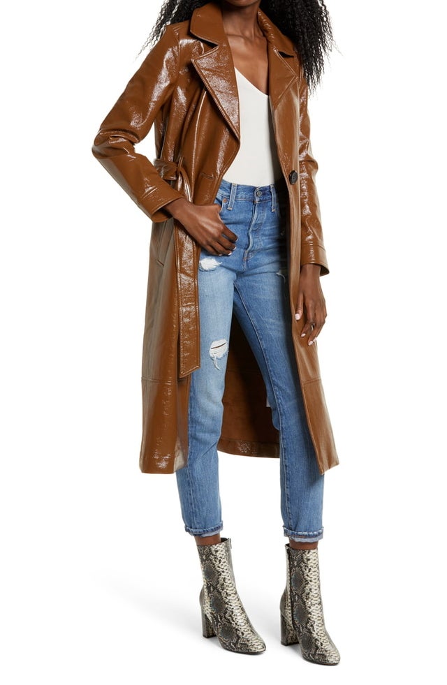 Faux Patent Leather Trench Coat