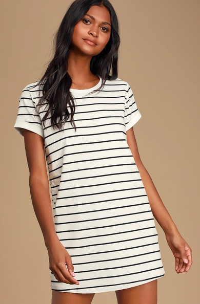 Lulus Cafe Society Black and Cream Striped Shirt Dress