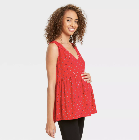 The Nines by HATCH Maternity Floral Print V-Neck Smocked Shoulder Crepe Tank Top Red