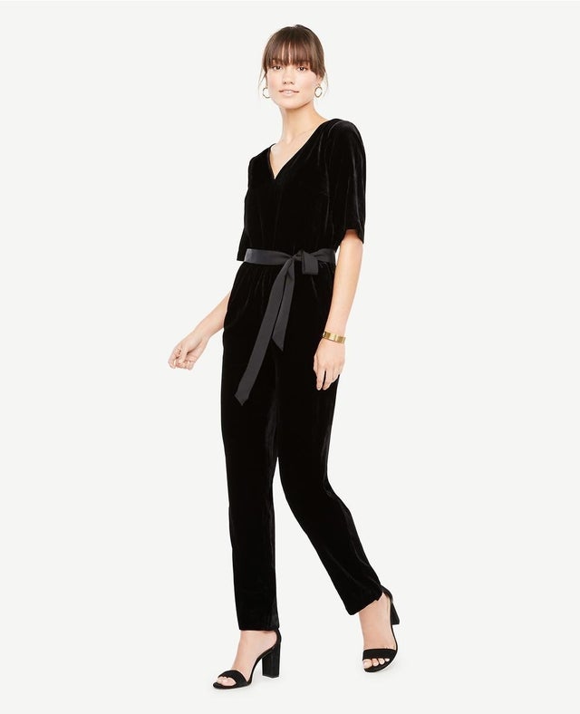 Ann Taylor Belted Velvet Jumpsuit in Black