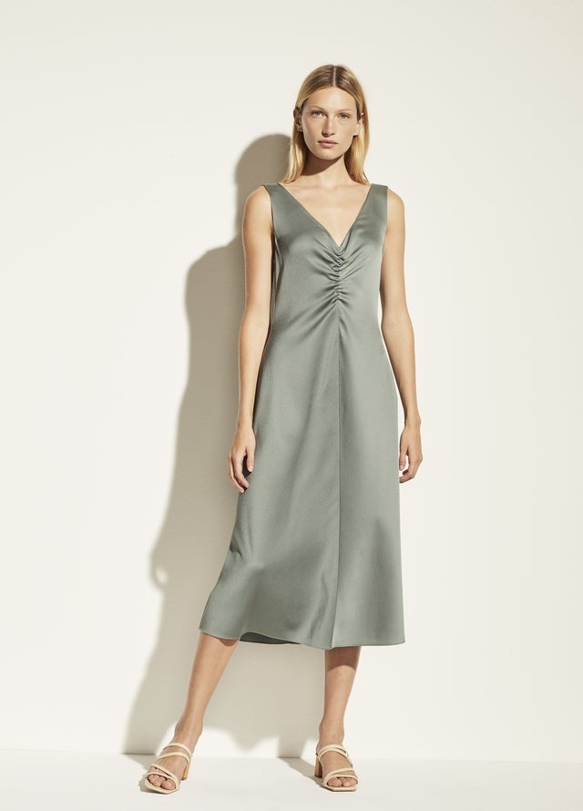 Vince Hammered Satin Ruched Double V-Neck Dress in Patina