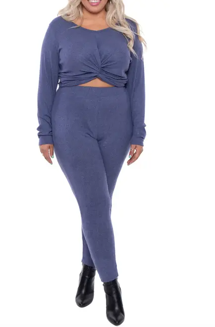 Curvy Sense Ribbed Twist Top & Jogger 2-Piece Set (Plus Size)