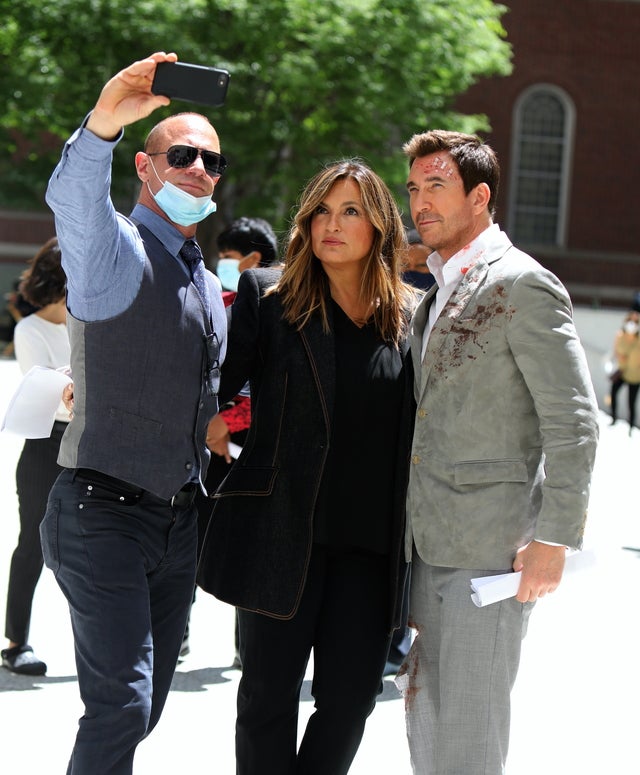 Mariska Hargitay, Christopher Meloni and Dylan McDermott are seen on the set of "Law and Order: Organized Crime" on May 17, 2021 in New York City.
