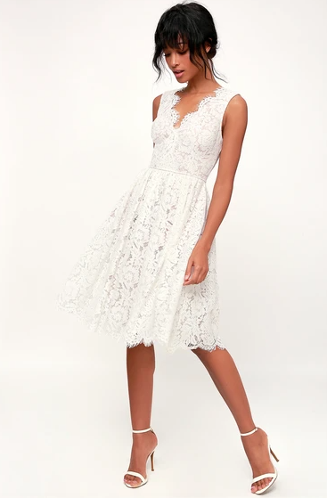 Lulus Love Swept White Lace Midi Skater Dress