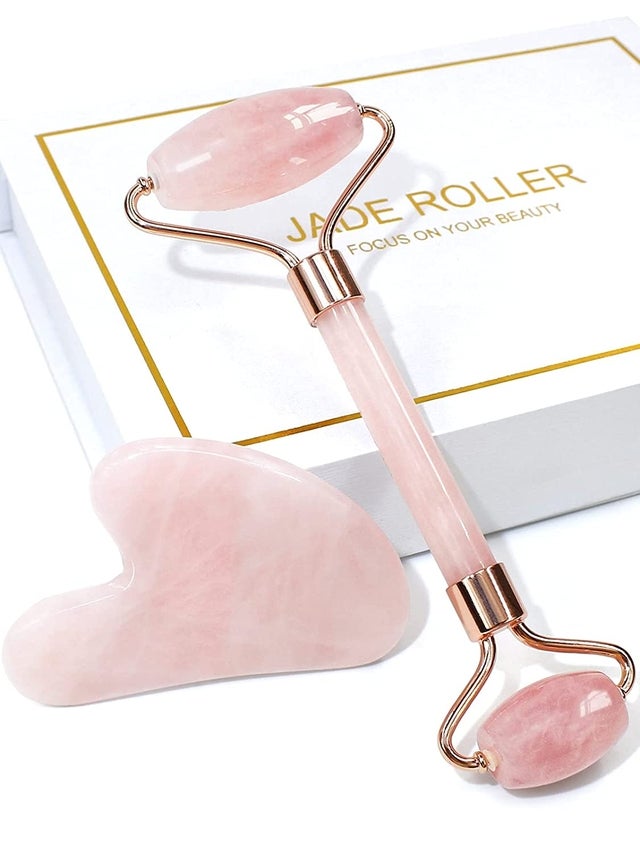 Baimei Rose Quartz Jade Roller & Gua Sha