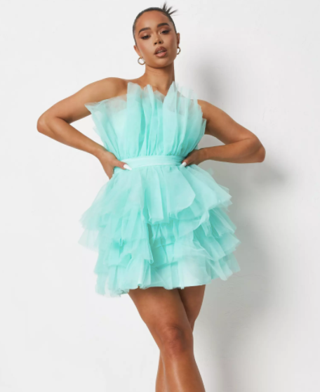 Missguided Aqua Tulle Ruffle Bandeau Mini Dress