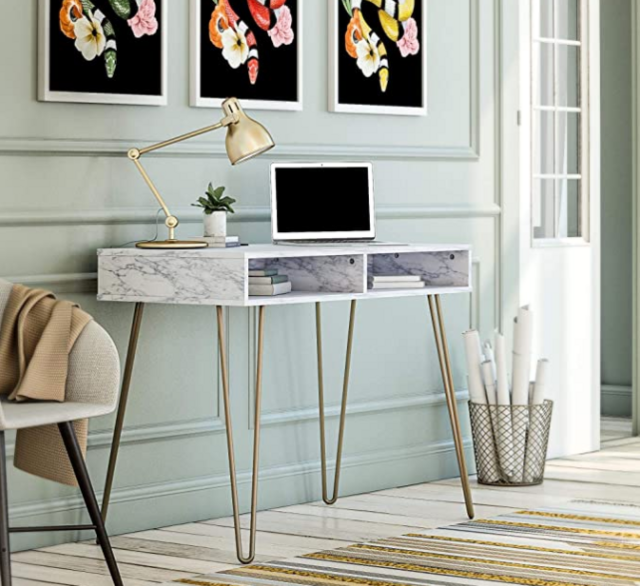 Novogratz Computer Desk with Storage, White Marble