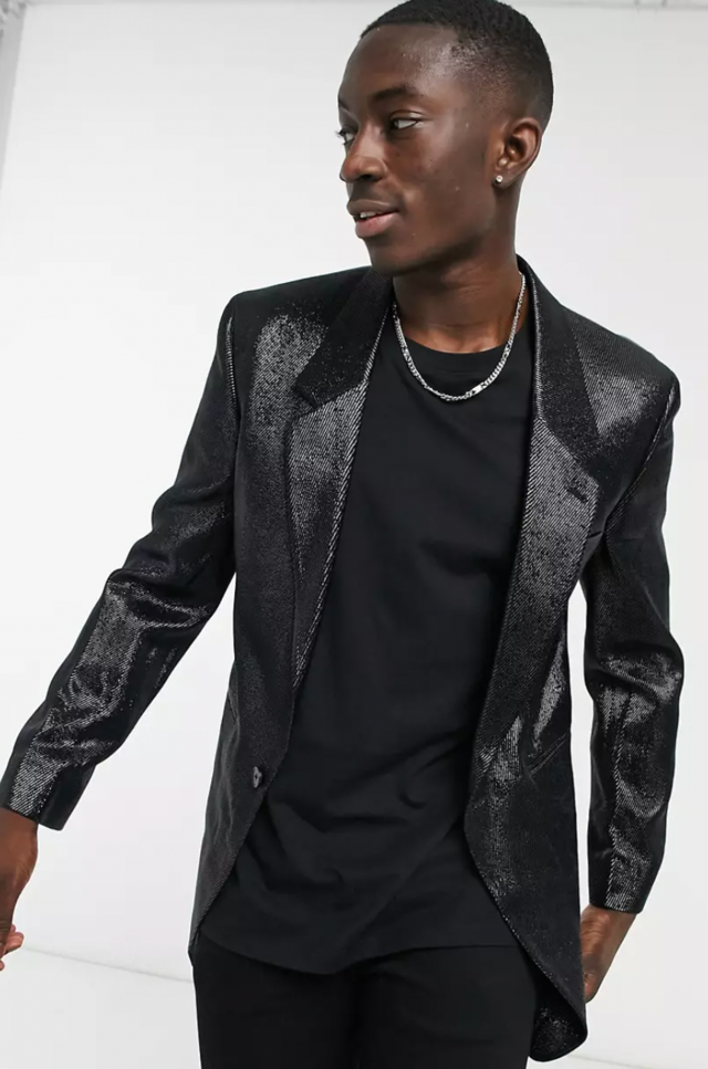 Skinny Longline Blazer in Wet Look Black