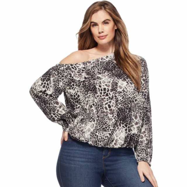 Sofia Jeans by Sofia Vergara Plus Size Long Sleeve One Shoulder Animal Print Top