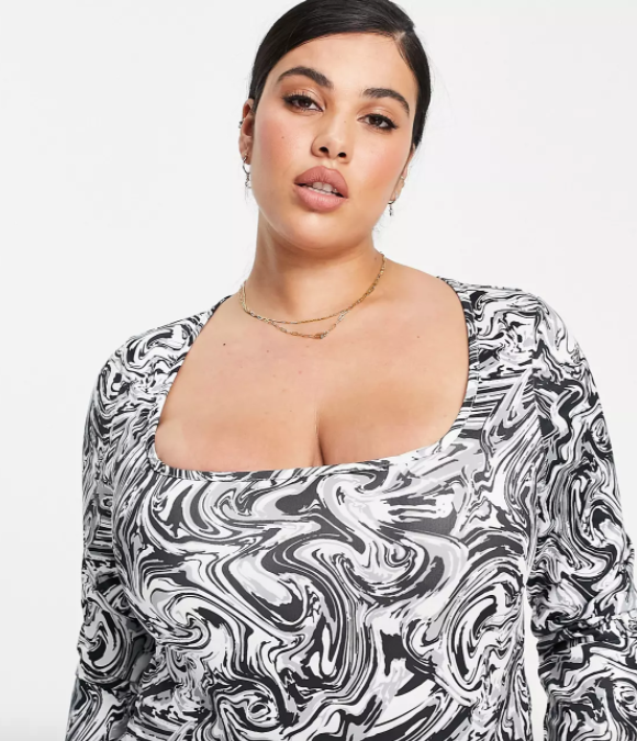 ASOS Design Curve Exclusive Marble Print Square Neck Bodysuit in Black