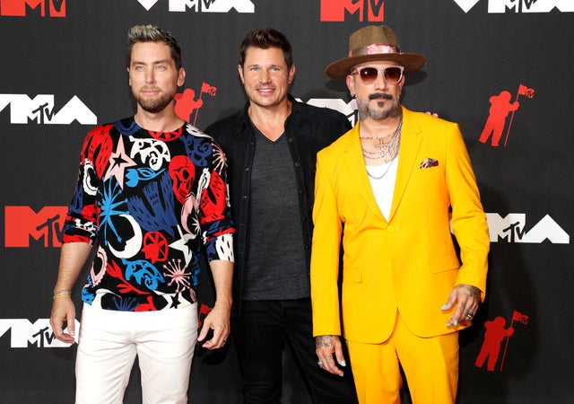 Lance Bass, Nick Lachey and AJ McLean at 2021 vmas