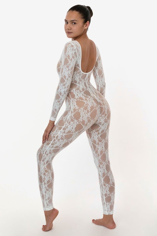 Los Angeles Apparel Floral Lace Long Sleeve Scoop Unitard