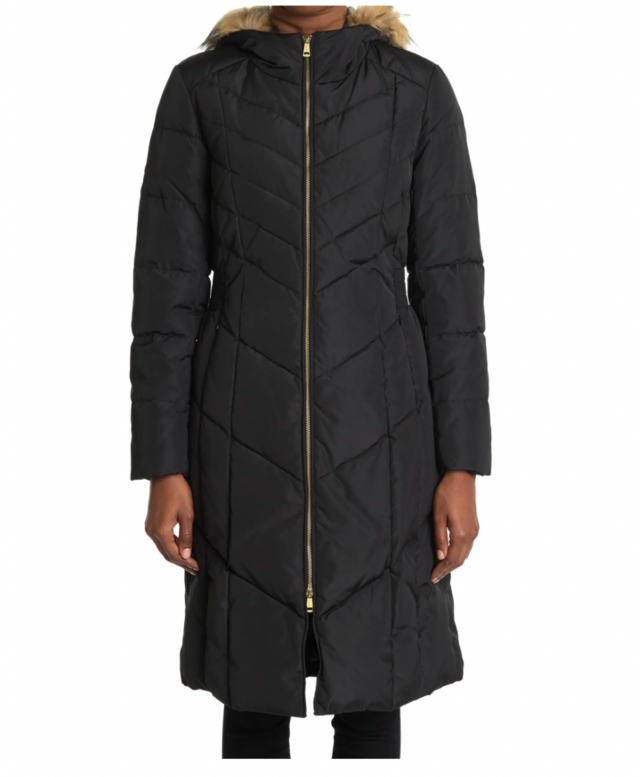 Cole Haan Puffer Down Faux Fur Trim Hooded Long Coat