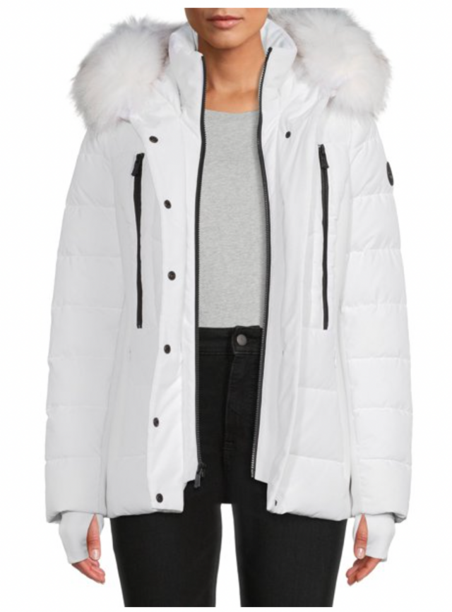 F.O.G. Women's Short Puffer Coat with Faux Fur Hood