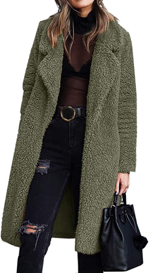 Angashion Fuzzy Fleece Lapel Open Front Long Cardigan Coat 