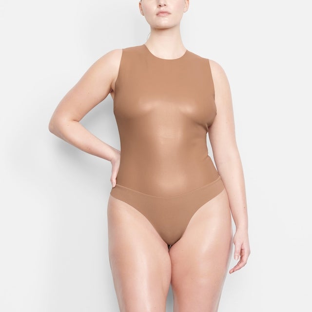 Faux Leather Crew Neck Bodysuit in Sienna