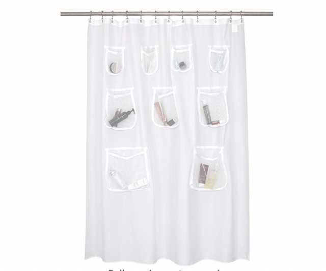 Waterproof Fabric Shower Curtain or Liner with 9 Mesh Pockets