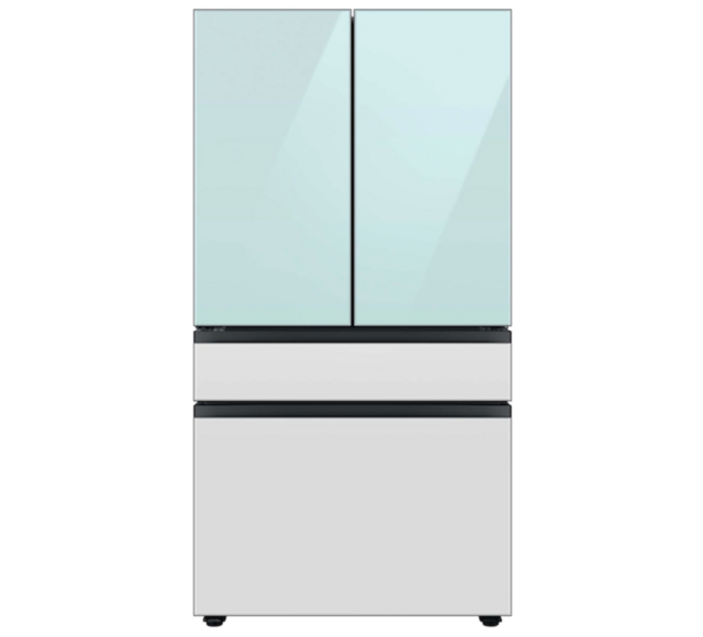 Bespoke 4-Door French Door Refrigerator in Morning Blue Glass and White Glass Panels