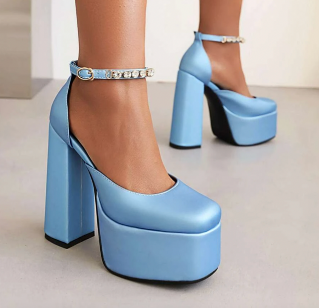 Shein Rhinestone Decor Platform Ankle Strap Pumps