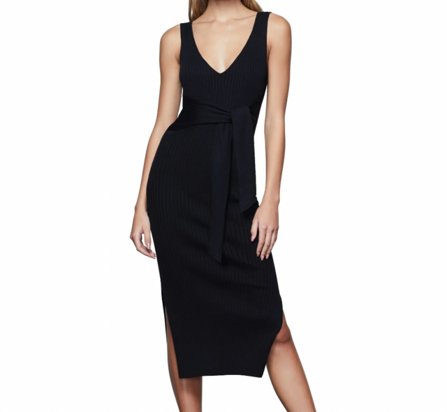 Good American Rib Knit Tie Waist Midi Dress