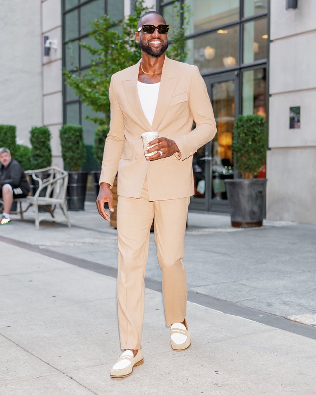 Dwyane Wade is seen in New York in a tan blazer