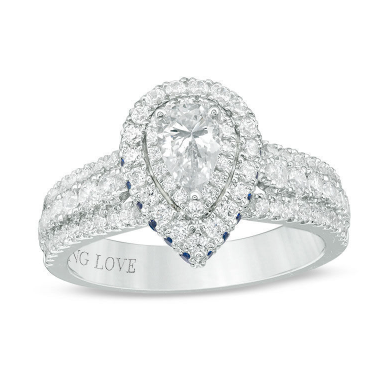 Vera Wang Love Collection 1 CT. T.W. Pear-Shaped Diamond and Sapphire Double Frame Engagement Ring in 14K White Gold