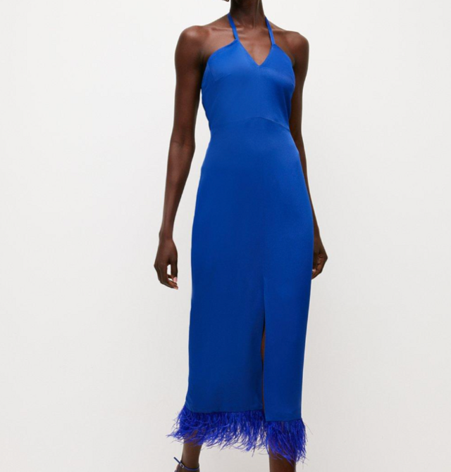 Karen Millen Satin Back Crepe Feather Halter Maxi Dress