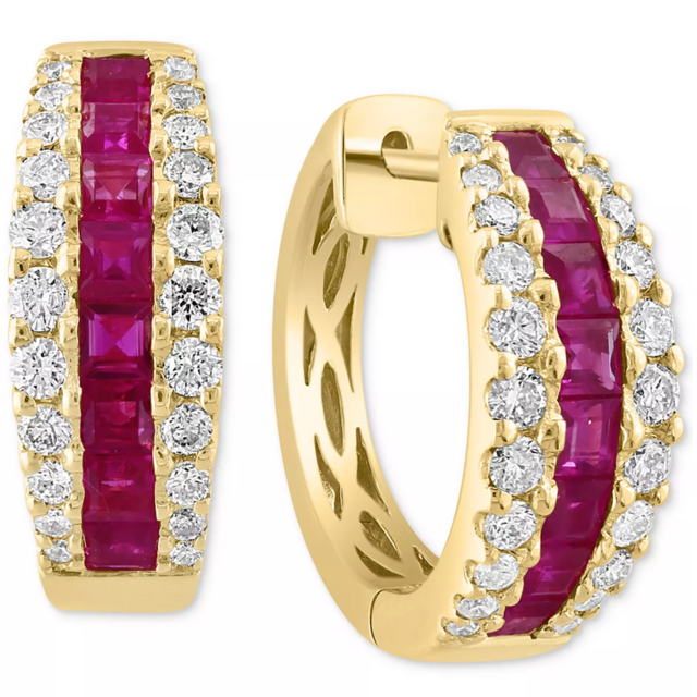 EFFY Ruby and Diamond Small Hoop Earrings in 14k Gold