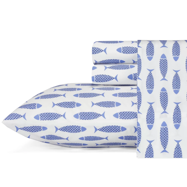 Nautica Woodblock Fish 100% Cotton Percale Sheet Set