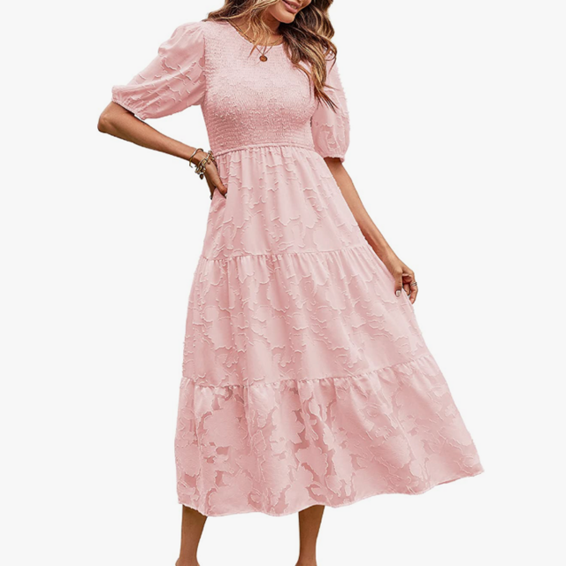 MEROKEETY Puff Sleeve Smocked Tiered Midi Dress 