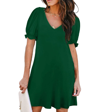 FAPPAREL Women's Casual Short Puff Sleeve V-Neck Dress