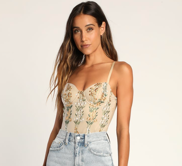 Lulus Essence of Elegance Beige Embroidered Bustier Bodysuit