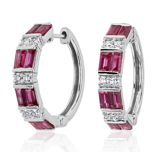 Alternating Ruby Baguette and Round Diamond Hoop Earrings