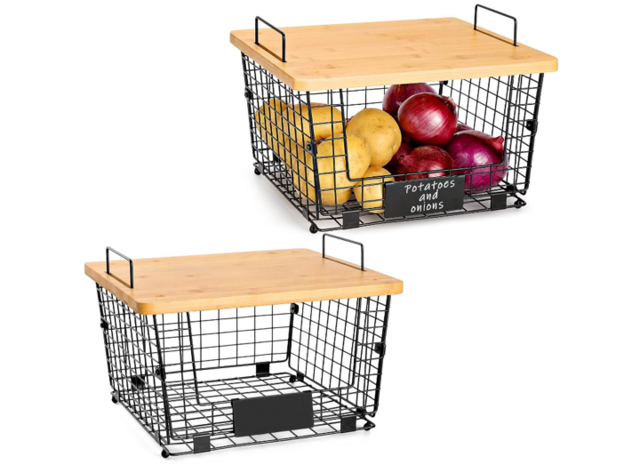 2 Set Stackable Kitchen Counter Basket with Bamboo Top