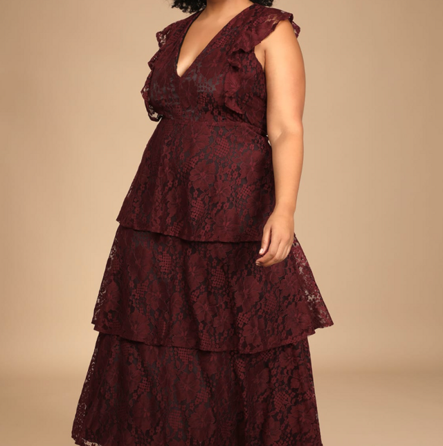 Molinetto Burgundy Lace Ruffled Tiered Sleeveless Maxi Dress